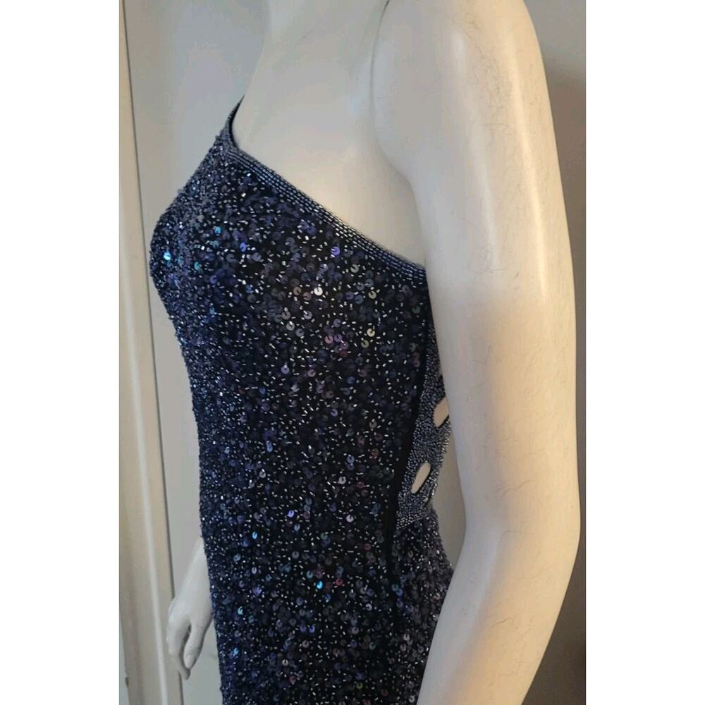 Scala Formal Dress 100% Silk Sz. S Navy Blue Beaded One Shoulder Lattice Back - Picture 8 of 14
